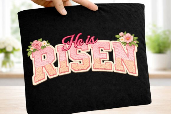 Cute Pink Floral He is Risen Faux Yarn T-Shirt Designs